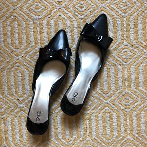 Black kitten heel mule with bow